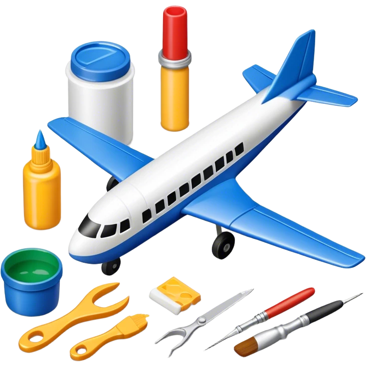 photorealistic icon featuring model-building tools like glue, paint, paintbrushes, pieces of a plastic model airplane in the process of being assembled. The design includes detailed textures of the model pieces and tools, capturing the focus and creativity of model building. Transparent background. emoji