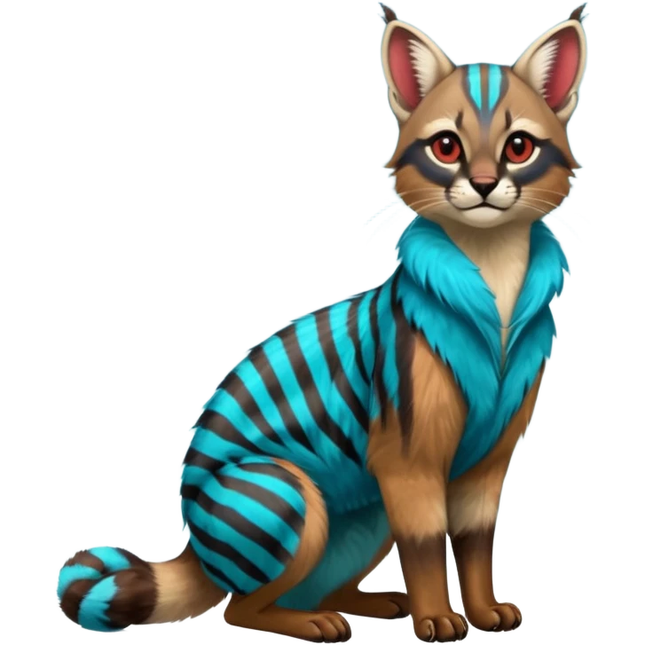Colorful exotic shiny striped cobalt-blue-cyan-gradients-colored fur coat with red markings tropical glorious divine exotic cute cool beautiful realistic caracal-civet-genet-sergal-vernid-Cacomistle-Trico-oncilla-animal-Fakémon-hybrid-fursona (full body) emoji