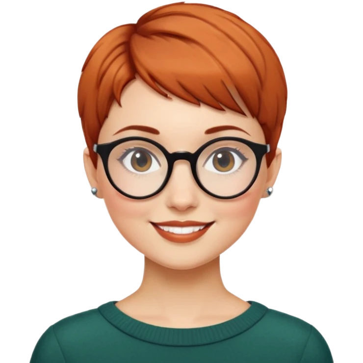 woman with auburn pixie cut (side part), round glasses, smiling emoji