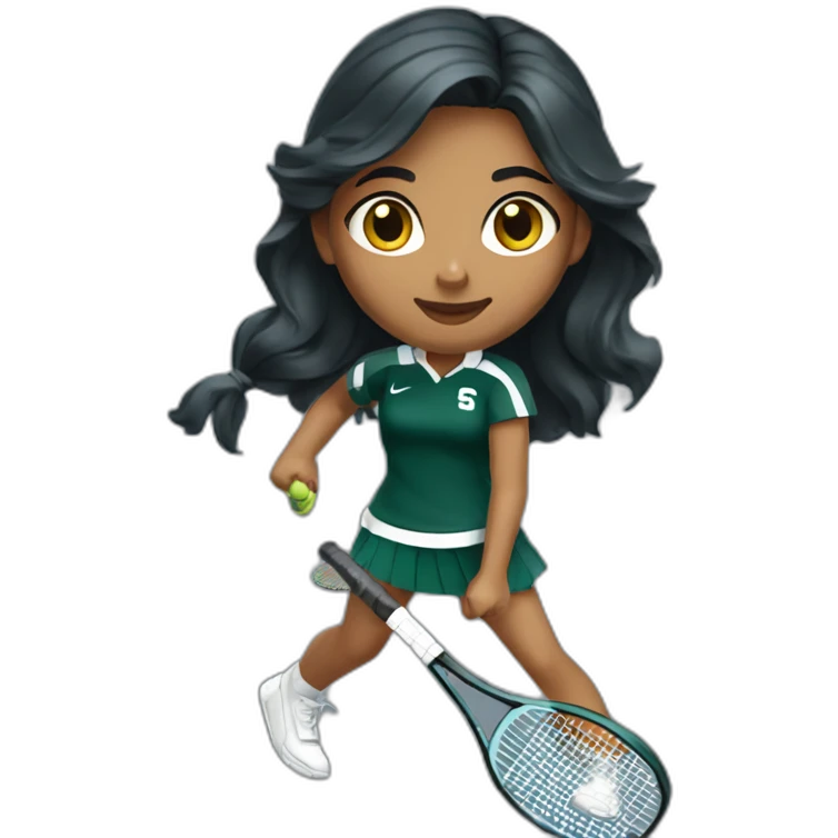 indian girl teenager playing tennis wearing a michigan state spartan uniform with wavy black hair emoji