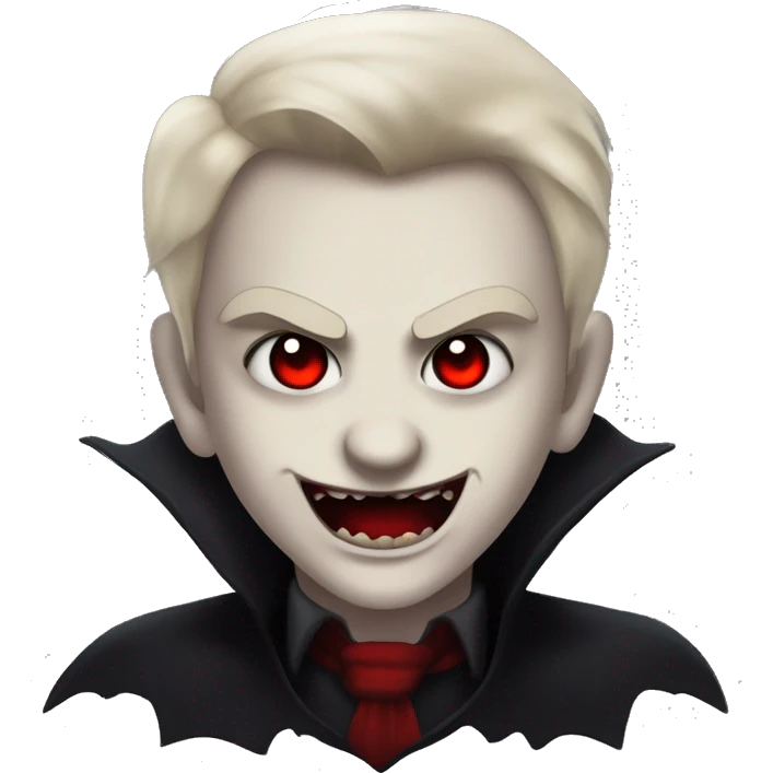 “A pale face with glowing red eyes, a sharp fanged smirk, and dark shadows around the face. It has a tattered black collar and a gothic, grungy vibe with hints of crimson for a vampire aesthetic.” emoji