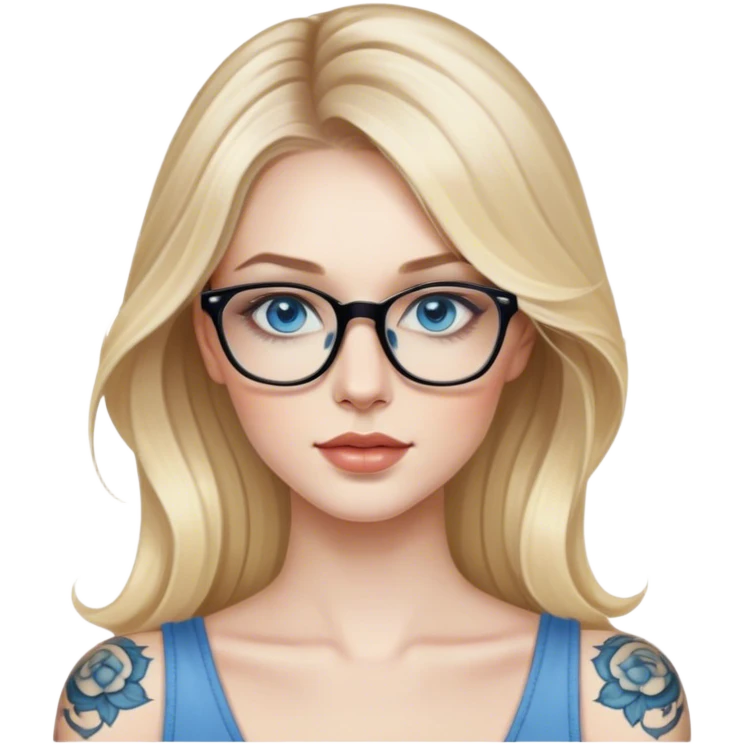Hyper Realistic glamourous model, pale woman, long blonde balayage hair, blue eyes and glasses, shoulder tattoo  emoji