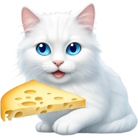 White fluffy cat with blue eyes eating cheese emoji