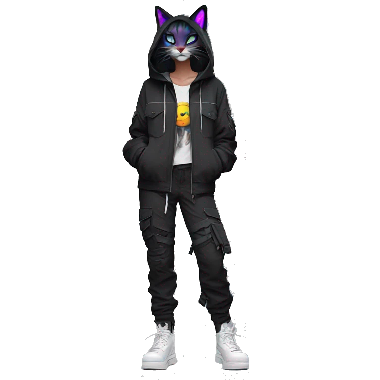 Edgy Anthro cool pretty colorful dark cat-fursona techwear cargo pants hoodie emoji