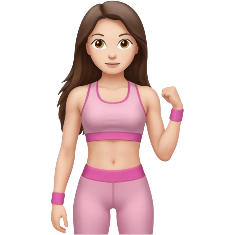 white brunette girl long hair with hazel eyes in light pink workout with abs clothes standing  emoji