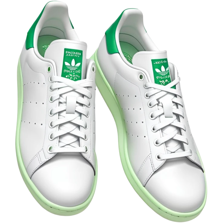 Two Adidas Stan Smith shoes arranged as a pair with one slightly behind the other, white with green heel details, clean classic design emoji