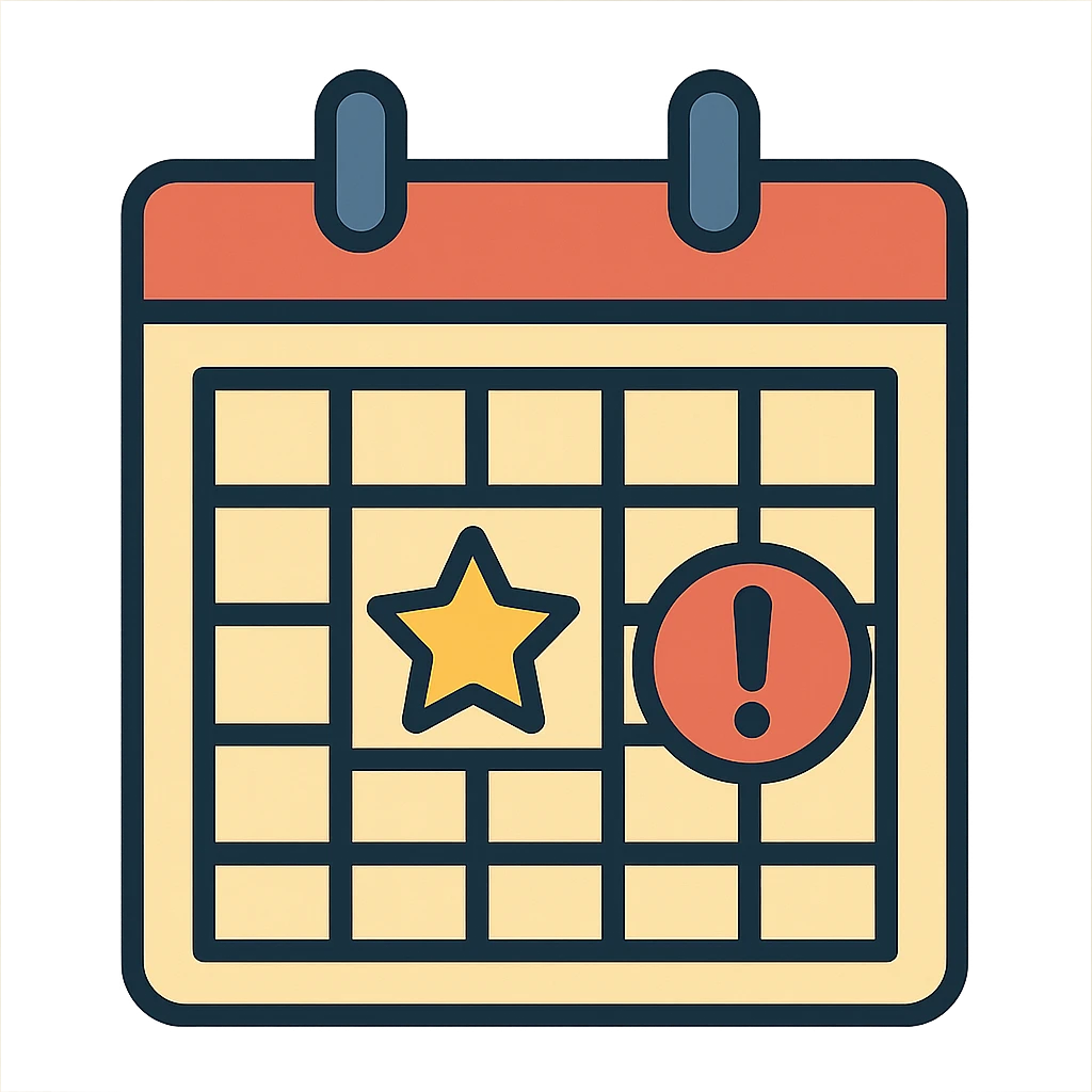 flat toon style calendar with a star or exclamation mark, representing an important meeting emoji