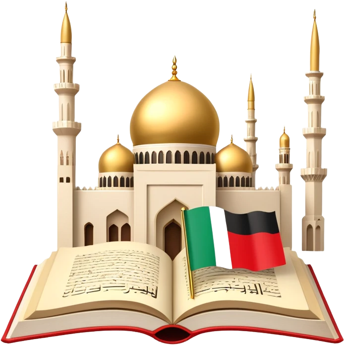 An icon featuring the mosque and the flag of United Arab Emirates, symbolizing the Arabic language. The design includes an open book with Arabic script and calligraphy, representing language learning and cultural heritage. Transparent background emoji
