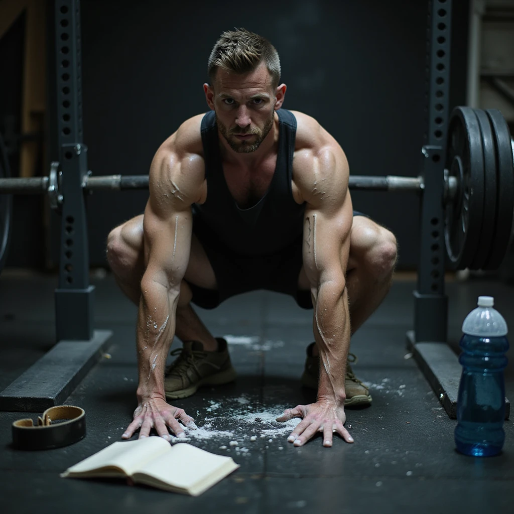 athletic man in early 30s, performing heavy deadlift, visible sweat, hands with chalk, training diary nearby, dark circles and redness on joints, water bottle, magnesium, belt on floor, blurred gym background, cold lighting, cinematic realism style emoji