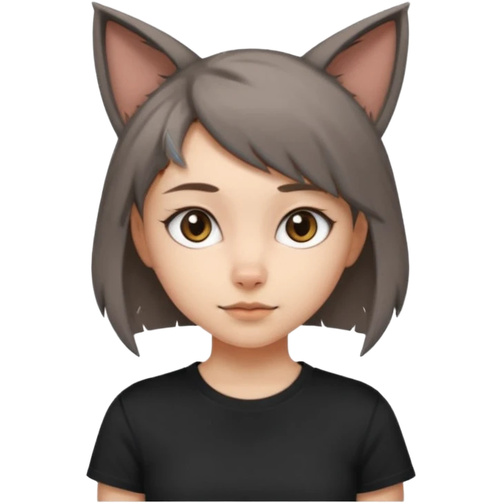 a girl with short brown wolf cut , grey cat ears and a tail, with a black t-shirt on emoji