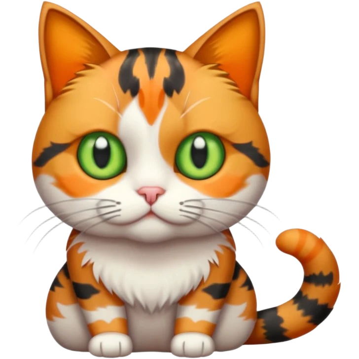full body colourful calico tabby cat with skinny head and fat body with an anxious face emoji