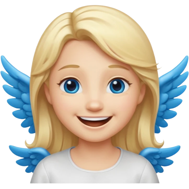angel emoji blonde hair, blue eyes and smiling, larger wings with darker outline on them and bigger smile and more smiley eyes laughing emoji