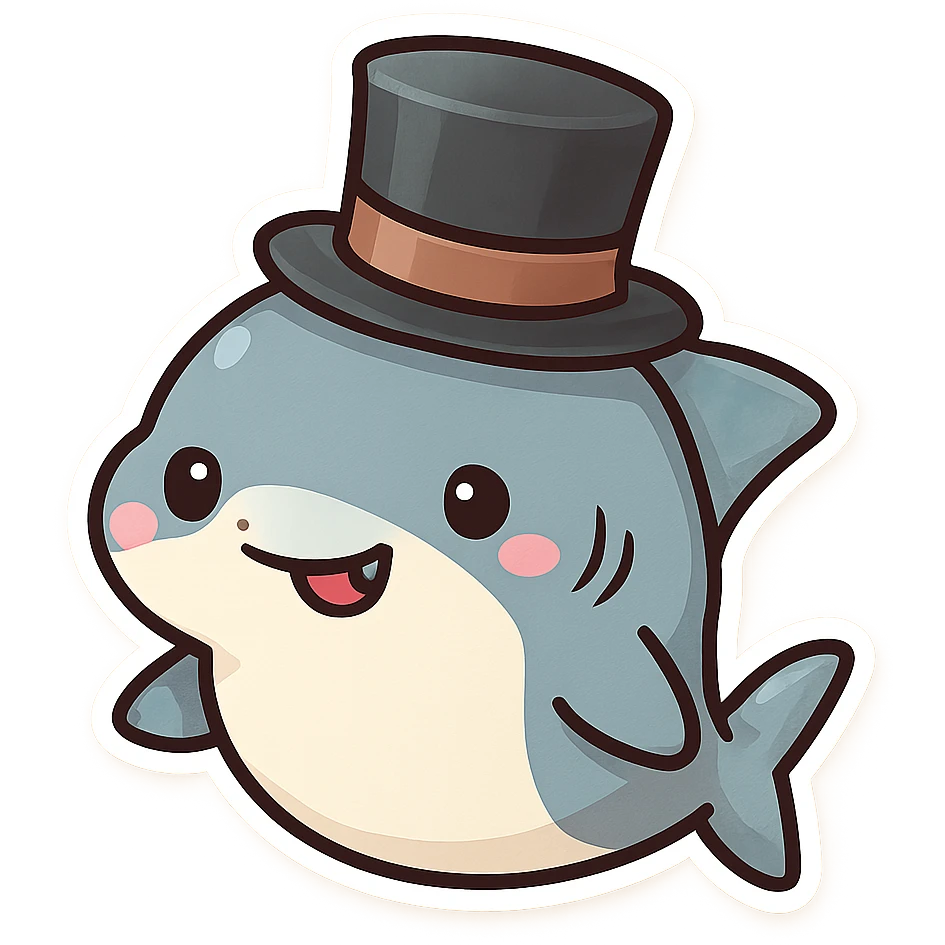 a cute shark with a fancy top hat, simple background, chibi stickers style emoji