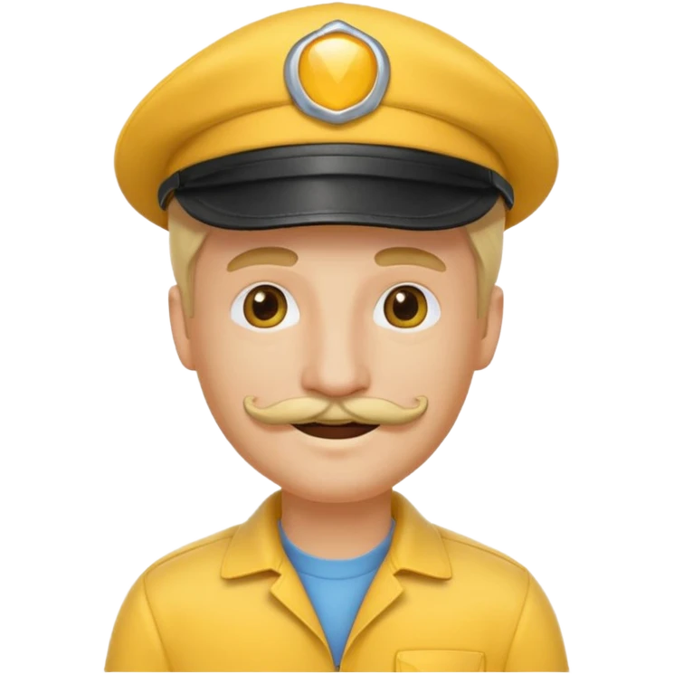 smiling driver man, yellow driver hat, blonde hair, mustache, emoji style emoji