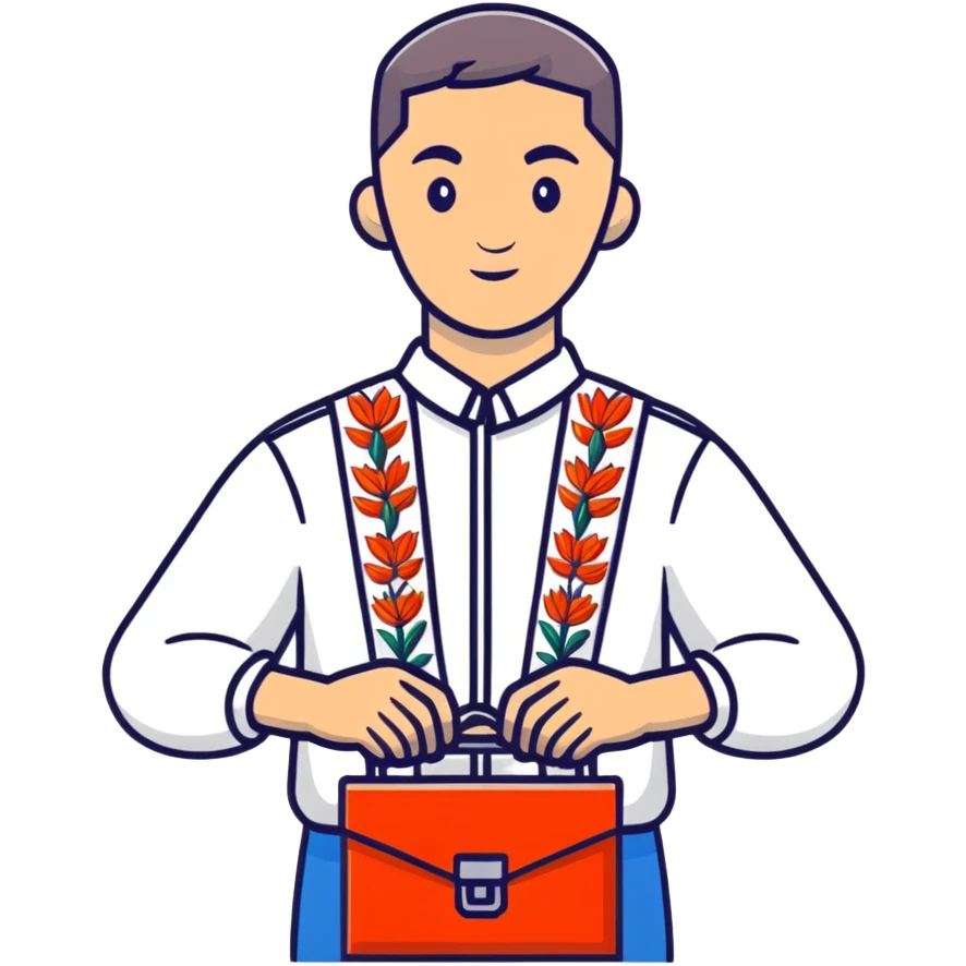Ukrainian man in traditional embroidered vyshyvanka shirt holding a toolbox emoji