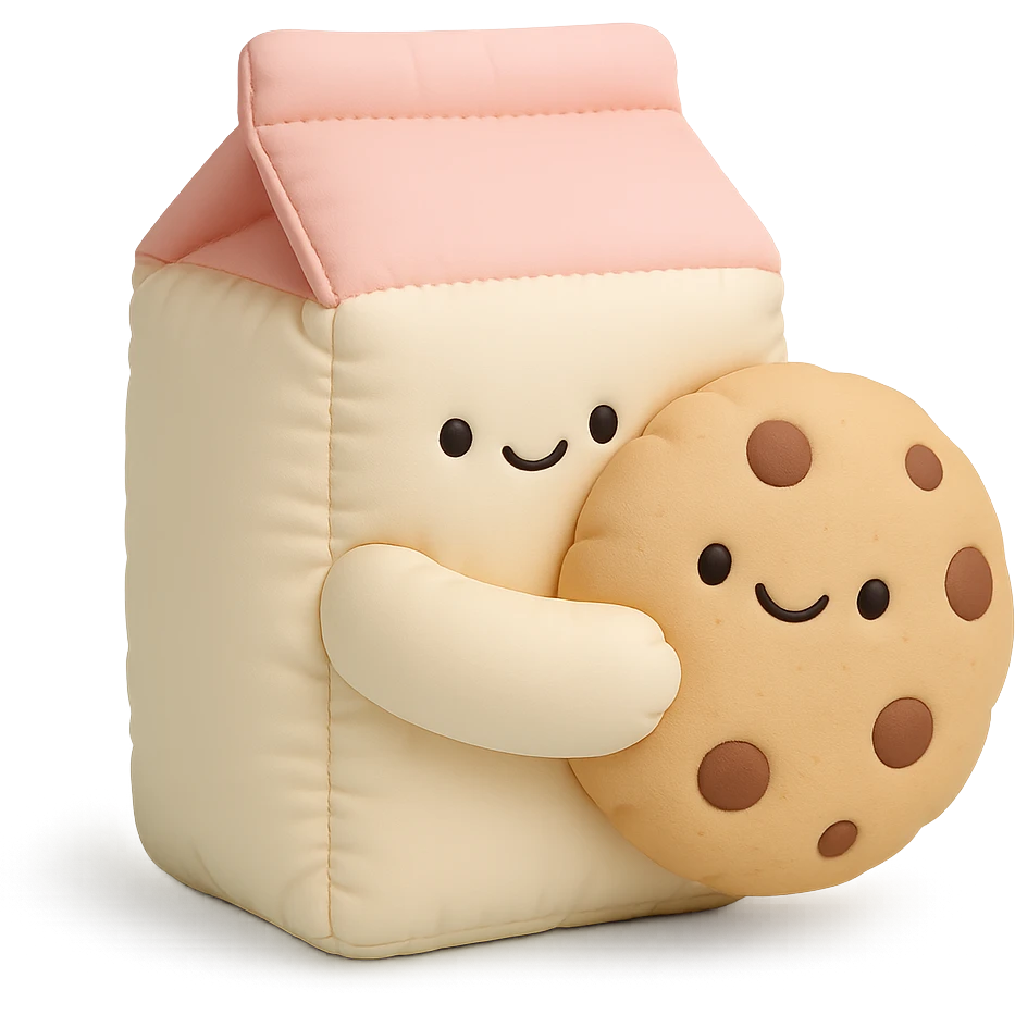 a cushion style milk carton hugging a cookie, both with cute faces, soft and puffy look, pastel palette emoji