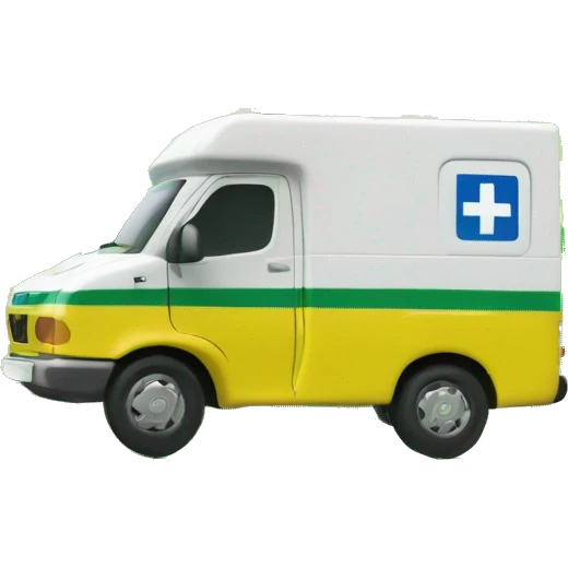 British NHS ambulance, yellow in colour, with green checkerboard print along the bottom. NHS logo on the side.  emoji