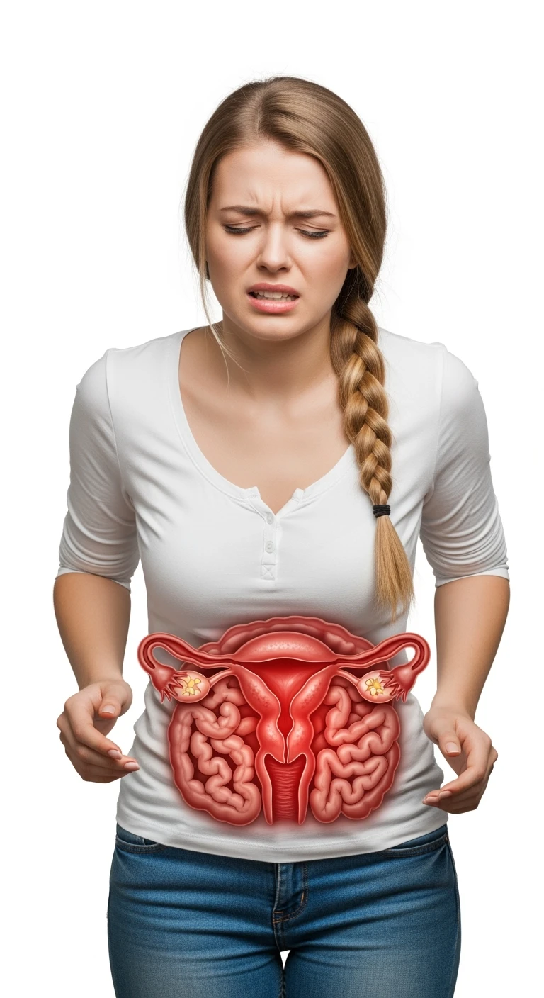 donna con utero umano realistico in evidenza dolorante, espressione di dolore in volto, sfondo bianco, non farla computerizzata, ma iperrealistica 4k emoji