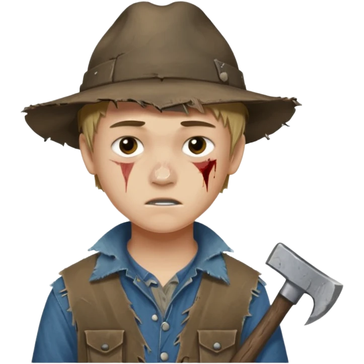 13 y/o Brian robeson at the beginning of Hatchet
distressed, has hatchet, small scratches(no bleeding type) on face, no blood on hatchet emoji