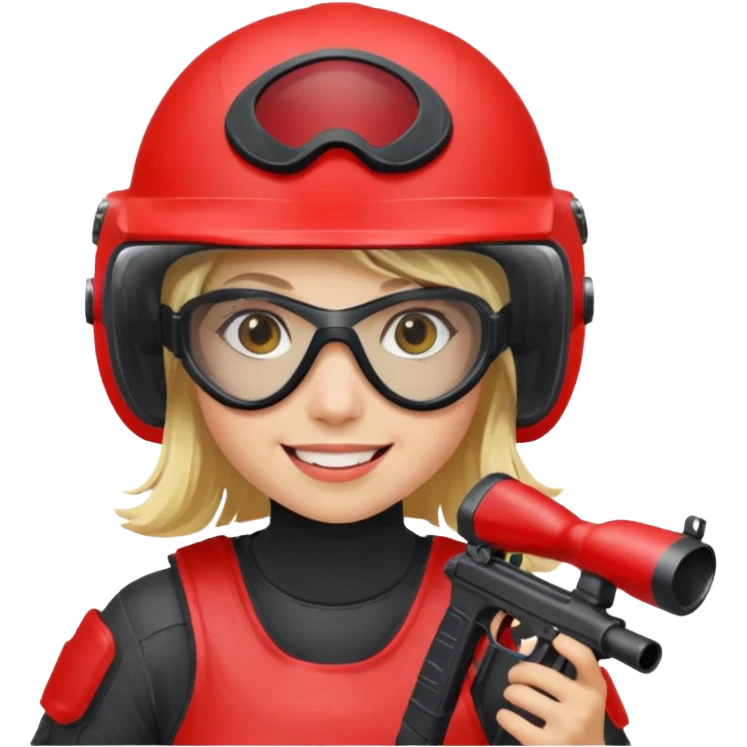 blond girl playing paintball with red paintball helmet, only face emoji