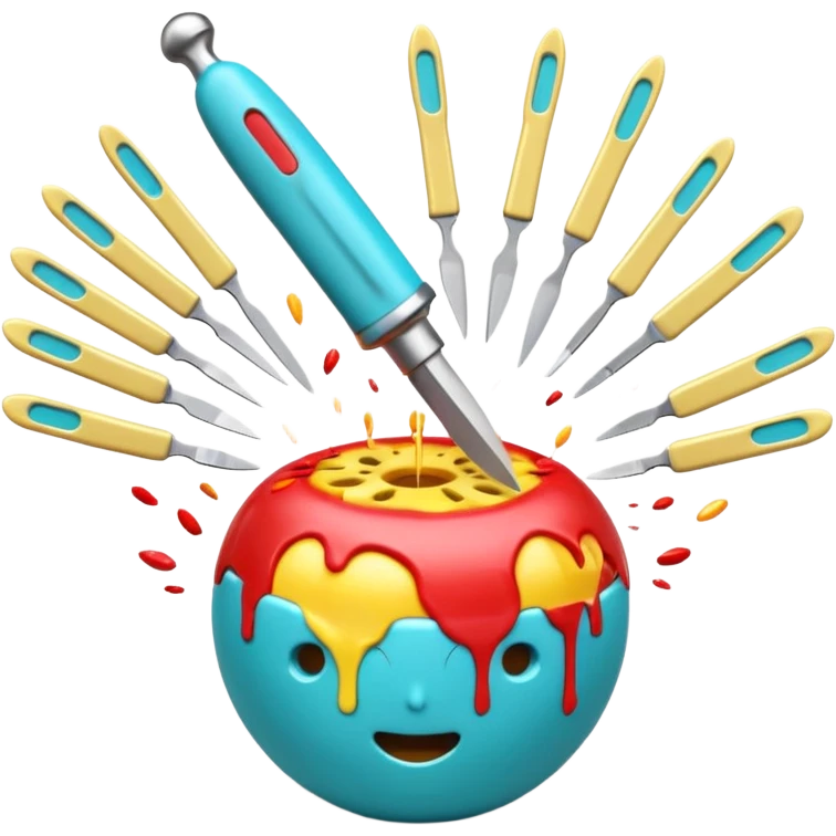 A hyper-realistic surgical scalpel exploding into a vibrant burst of medical and emotional emoji (🩺💉🧬🫀🤕😵✨). Dynamic composition, emoji art style, 3D render, Pop Art. Shallow depth of field, studio lighting, clean pastel background. --ar 16:9 emoji