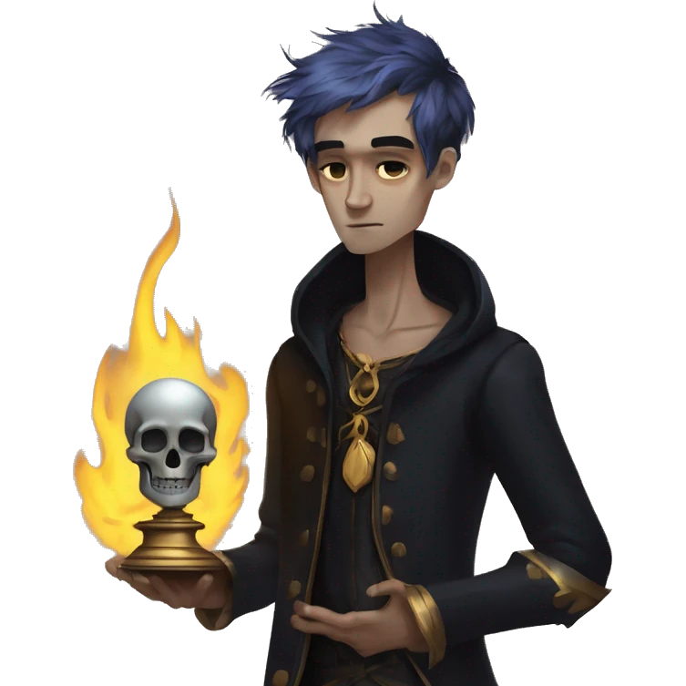 Hamlet young skinny sad man iridescent hair wearing raven feathers with a gilded hourglass and golden flames holding a skull emoji
