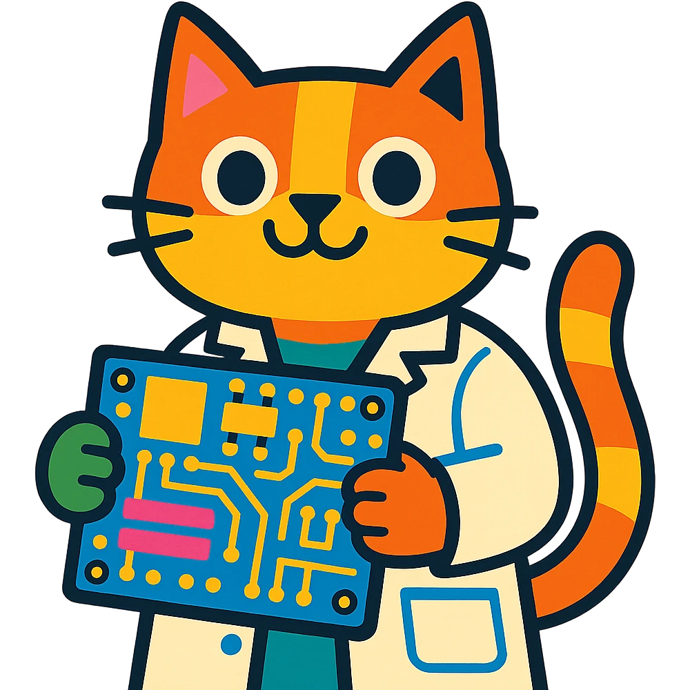 playful and colorful cat in a lab coat holding a circuit board emoji