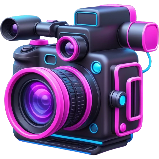 videographer's camera in pink color, with neon glow lines, blue neon glow on top left, purple neon glow on bottom right emoji