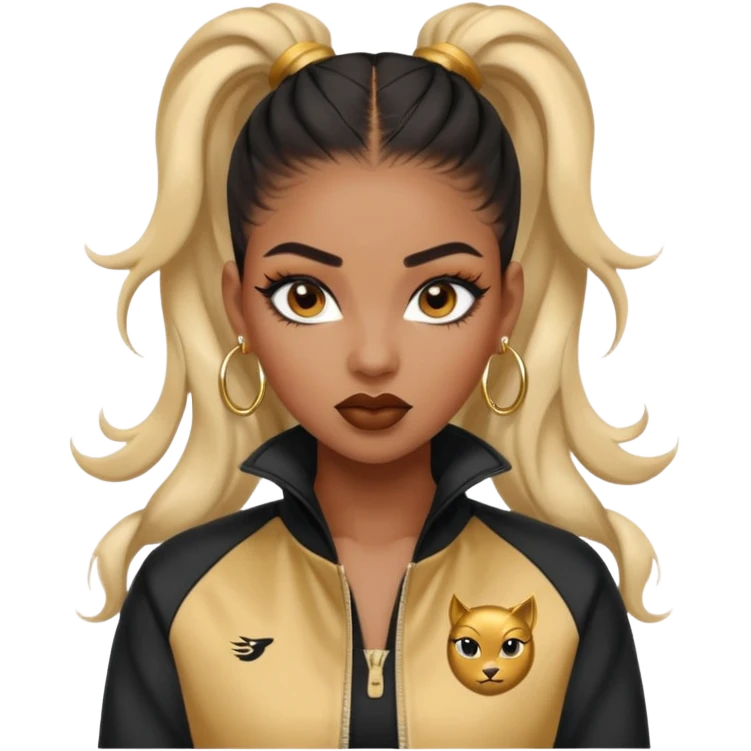 “black Emoji girl, fierce confident expression, sharp black winged eyeliner, bold brows, matte nude lips, long curled lashes, sleek high ponytail, gold hoop earrings, sporty streetwear jacket.” emoji