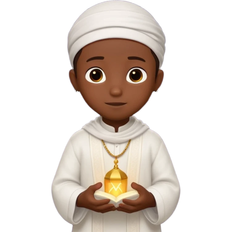 Personnage 3D mignon en style Pixar, un petit garçon portant un qamis blanc et un kufi, tenant un tapis de prière, entouré de lanternes brillantes, fond doux, couleurs chaudes, garçon teint noir emoji
