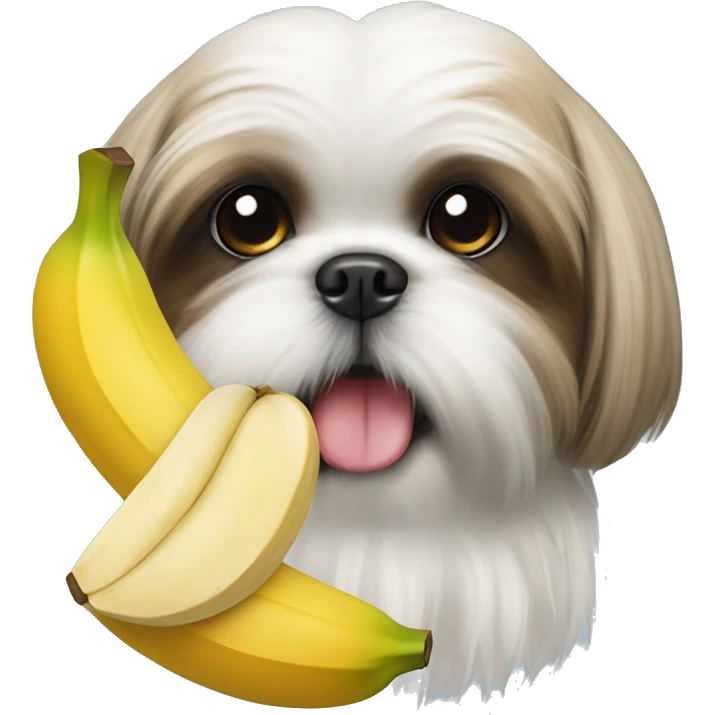 Shih tzu with a stuffed banana face in its mouth emoji