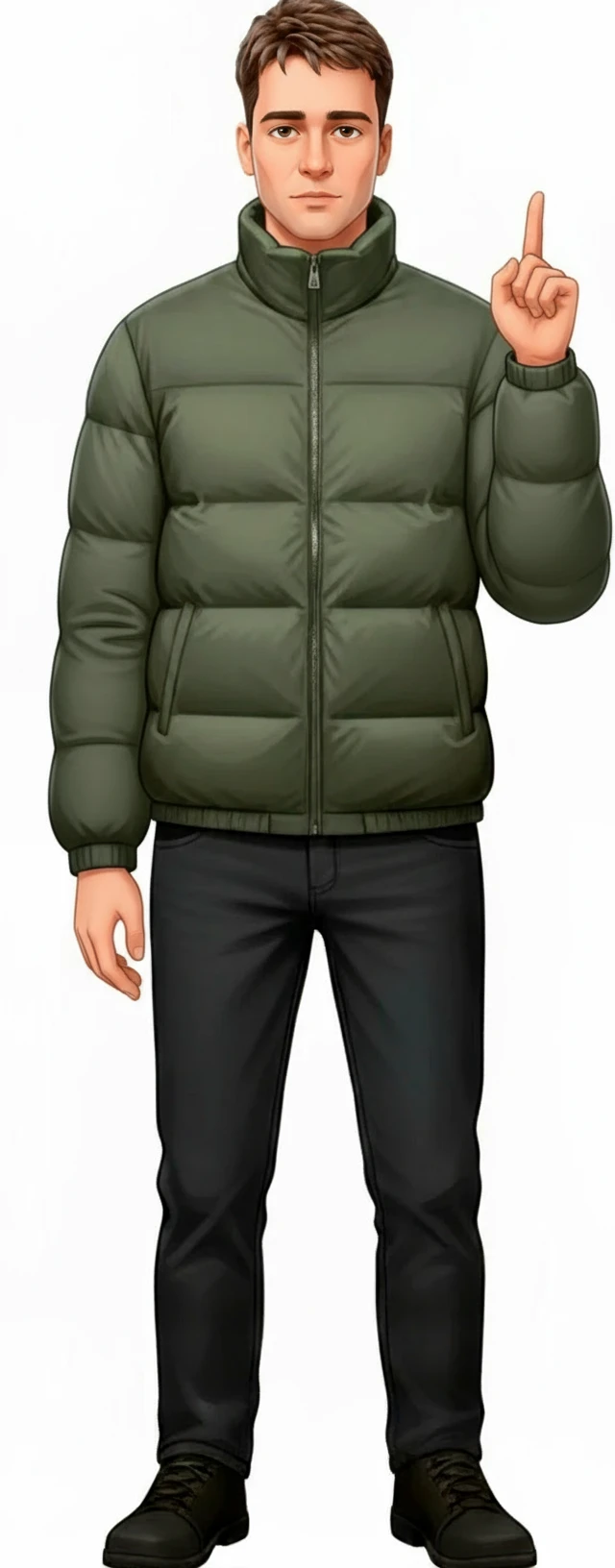нарисуй человека в зеленой куртке в таком же стиле, правая рука остается в таком же положении, а левая в положении как на картинке, без фона emoji