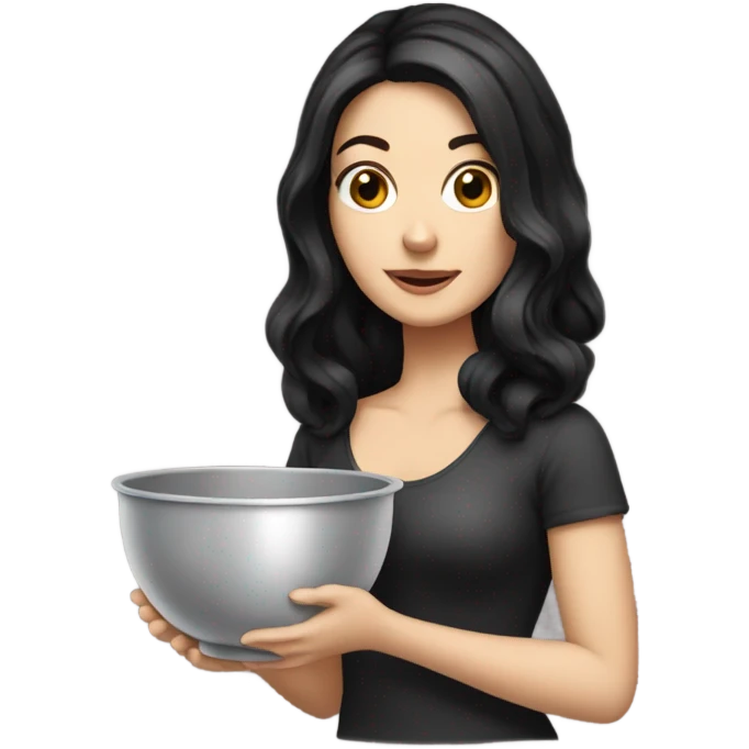 White girl with black hair holding a mixing bowl emoji