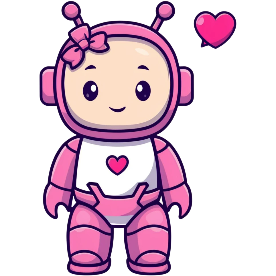 adorable pink robot girl with a hair bow and heart patterns emoji