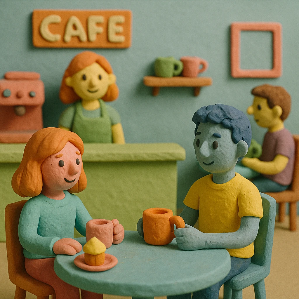 a cafe scene, pastel colors, playful atmosphere, claymation style emoji