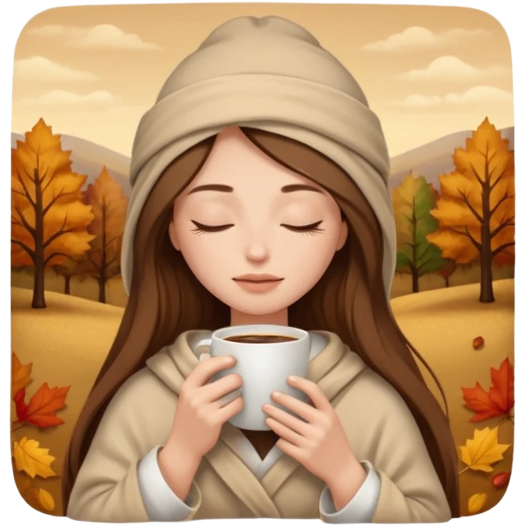 long brown hair woman closed eyes with beige blanket on her head, holding cup of coffee, autumn mood emoji