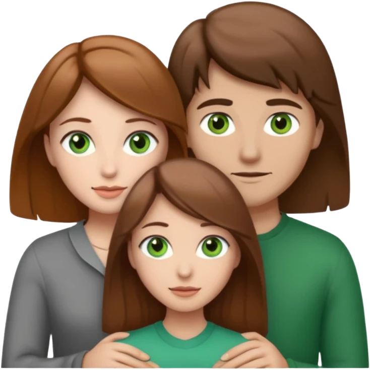3 people. Throuple. Blank woman with light brown hair and green eye color on left. And also a blank man with brown hair and grey eye color in the middle. And a blank woman with brown hair and grey eye color on the right. Holding each other emoji