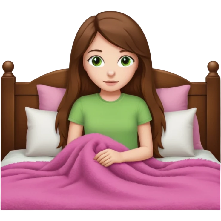 Girl with white skin tone and greens eyes and long brown hair laying in bed with a tan padded headboard and pink fuzzy blanket emoji