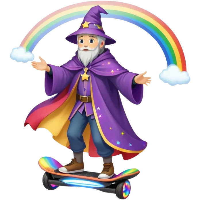 A wizard wearing a cloak riding a hoverboard with a rainbow and stars and confetti around them emoji