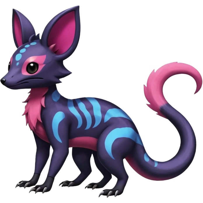 Rare epic aesthetic colorful Salandit-Noibat-Eevee-Civet-species-Fakemon-hybrid-creature, with markings, full body emoji