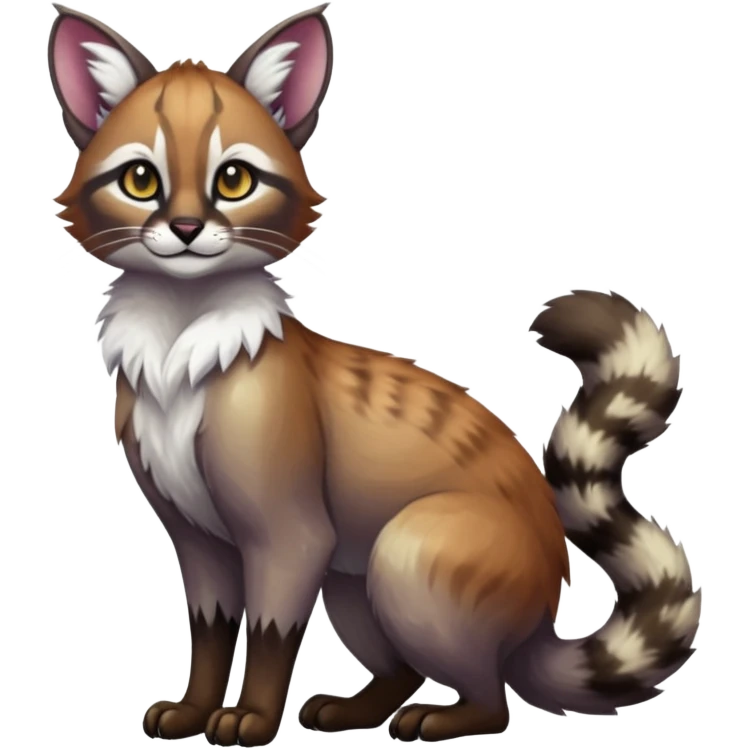 Colorful dark tropical white iridescent glorious divine exotic cute cool beautiful shiny beautiful fantasy-caracal-civet-genet-sergal-vernid-Cacomistle-oncilla-animal-Fakémon-hybrid-fursona (full body) emoji