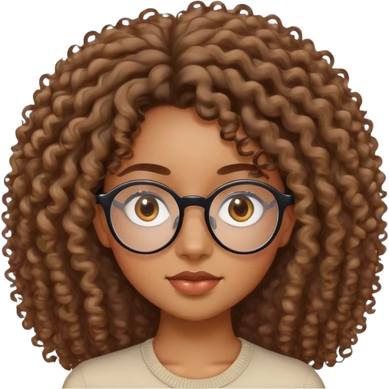 femme de 20 ans noire métissée avec les cheveux bouclés, le visage ovale et des lunettes semi rondes et les yeux en amande cheveux plus long et moins gonflés emoji