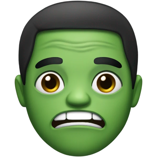 zumbi green skin, black hair, dark eyes, big mouth and medium hair straight emoji