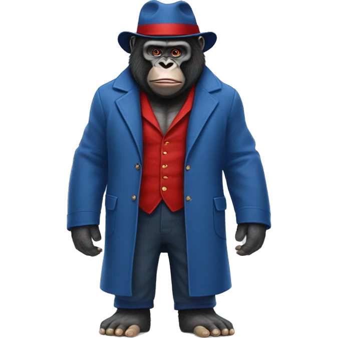 gorilla in paddington bear's  blue overcoat clothes and red hat, full body musular  emoji