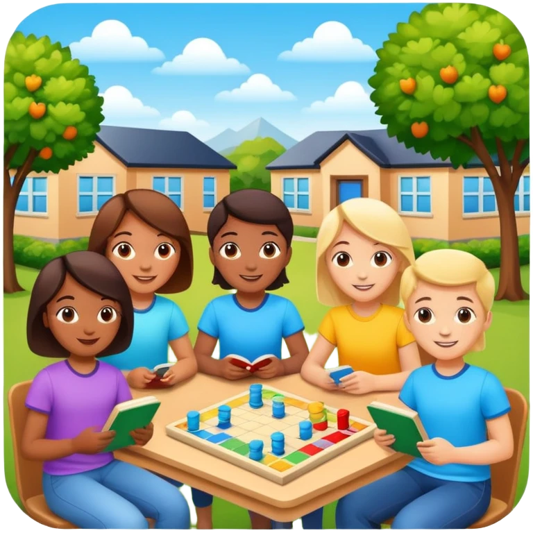 Happy students in the classroom and yard, reading new books, playing board games and doing sports, with bright colors and a positive atmosphere. emoji