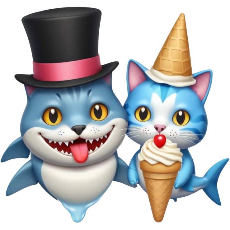 Shark with a top hat and a cat eating ice cream with a top hat emoji