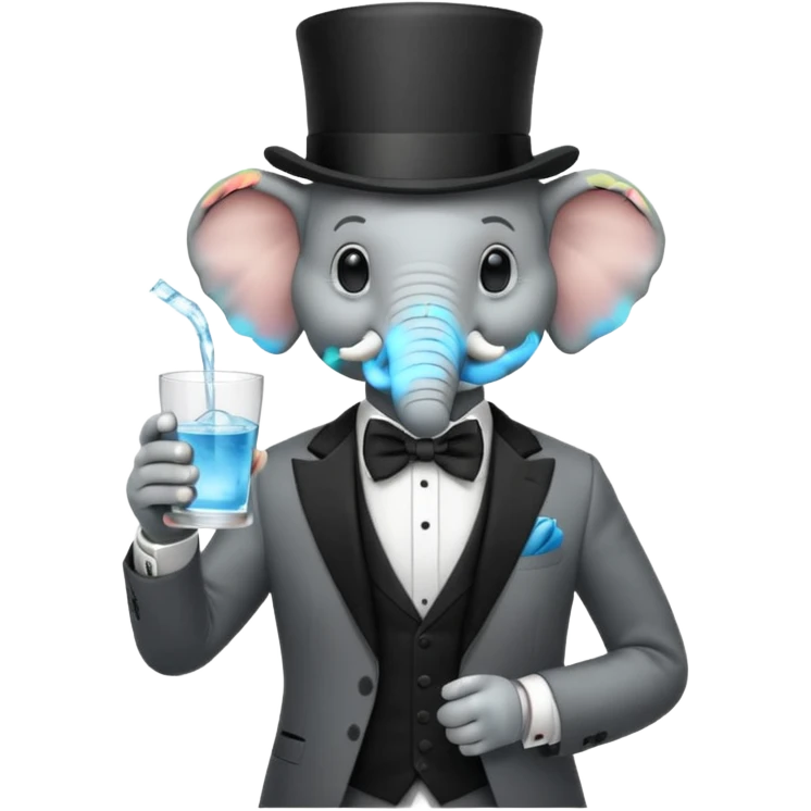 elephant wearing suit, bowtie and top hat, holding glass of water emoji