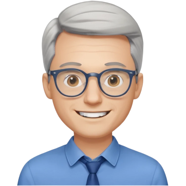 30 yr old pale white man, grey side swept hair, round glasses, big smile, white teeth, handsome, longer hair, thin glasses, blue dress shirt emoji