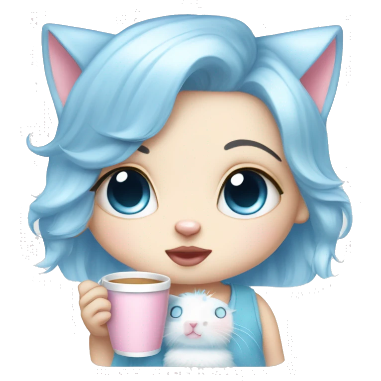 CHIBI WHITE SKIN CAT BABY BLUE AND BABY PINK SHOR HAIR GIRL WITH ONE EYE BLUE AND THE OTHER WHITE. ALSO SHE IS SIPPING A CUP emoji