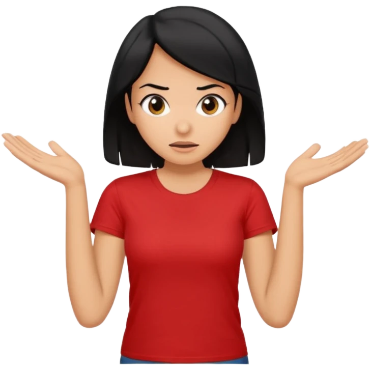 빨간색 티셔츠를 입고 검정머리를 가진 여성이 모르겠다는 듯이 어깨를 올리는 제스처를 하고있음 🤷🏻‍♀️ emoji